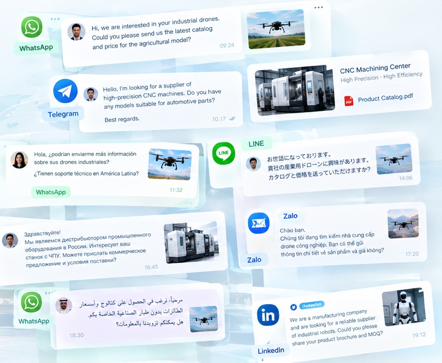 多渠道获客示意：WhatsApp、Telegram、LINE、邮件与LinkedIn询盘卡片；对话和客户信息为示例